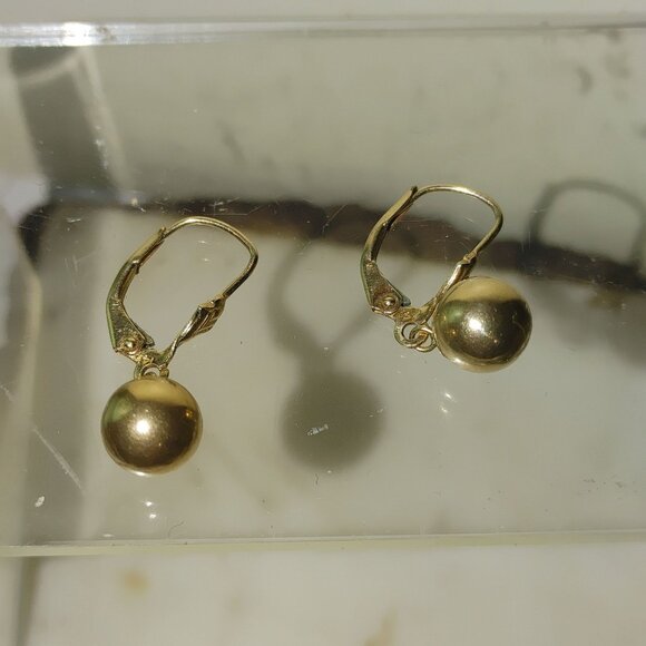 14K Yellow Gold Earrings Leverback Polished Ball Drop Dangle Design 1.26 grams - Picture 3 of 9